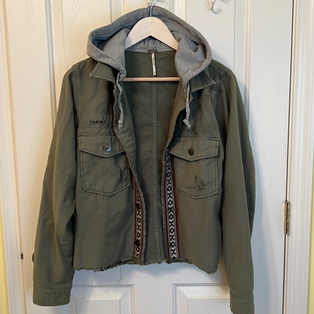 Free People Distressed Green Jacket with Hood